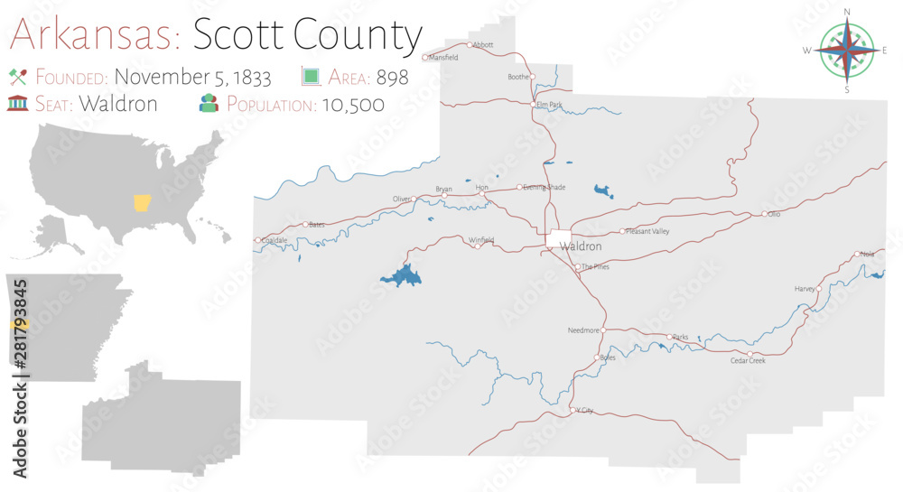 Large and detailed map of Scott county in Arkansas, USA