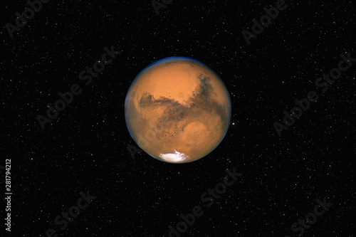 Fototapeta Naklejka Na Ścianę i Meble -  Planet Mars against dark starry sky background in Solar System, elements of this image furnished by NASA
