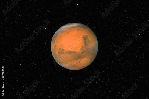 Planet Mars against dark starry sky background in Solar System, elements of this image furnished by NASA photo