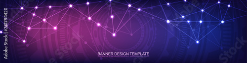 Website header or banner design with abstract geometric background and connecting dots and lines. Global network connection. Digital technology with plexus background and space for your text.