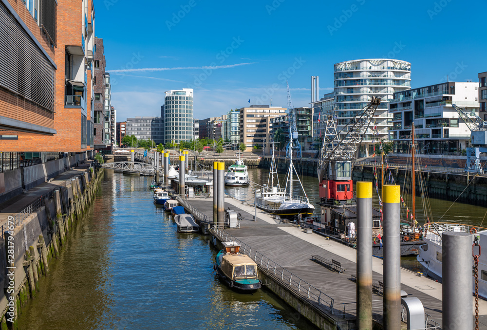Hamburg, Germany. The Traditional Port (German: Traditionsschiffhafen or Sandtorhafen) on a sunny day. It is located in the Harbor District (Hafencity).