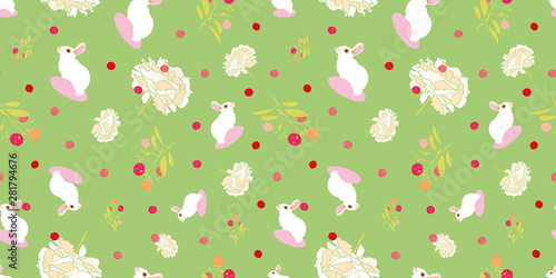 Green floral pattern with white rabbit, floral and pink dot. Surface pattern design. photo