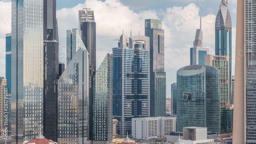 Photography Aerial view on downtown and financial district in Dubai timelapse, United Arab Emirates with skyscrapers and highways