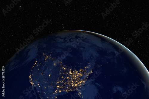Fototapeta Naklejka Na Ścianę i Meble -  Planet Earth during the night against dark starry sky background, elements of this image furnished by NASA