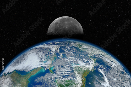 Fototapeta Naklejka Na Ścianę i Meble -  Planet Earth and Moon against dark starry sky background, elements of this image furnished by NASA