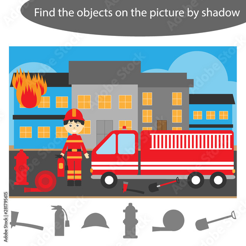 Find the objects by shadow, game with fireman for children in cartoon, education game for kids, preschool worksheet activity, task for the development of logical thinking, vector illustration