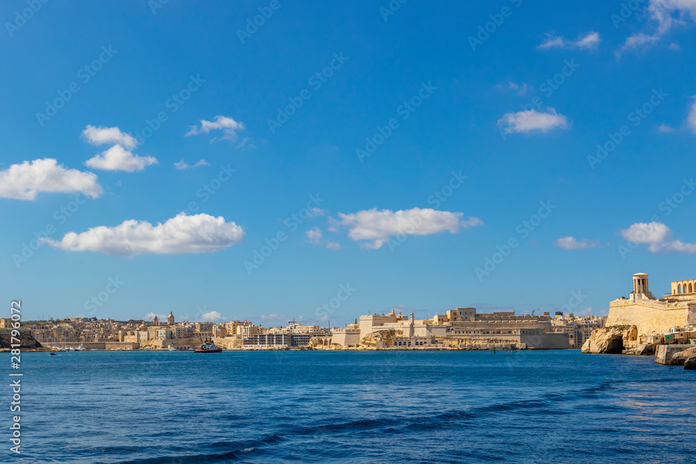 Aerial skyline view of the sea entrance of Valletta, Grand Harbor, Malta
