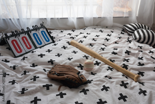 Canvas Print Black and white minimalist style boy room with baseball and baseball bat close-u