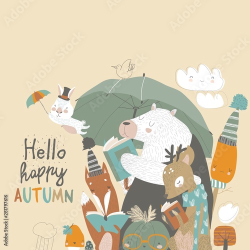 Funny animals read books under umbrella. Autumn time