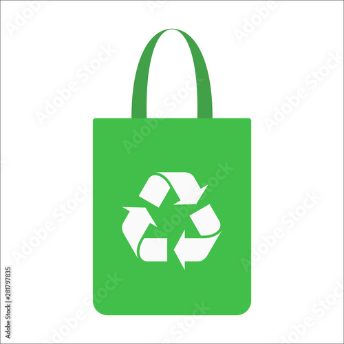 Green fabric bag icon with recycle symbol on white background