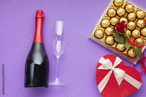 Flat lay decoration with wine bottle and glass