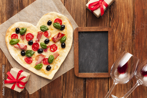 Top view romantic table setting with blackboard