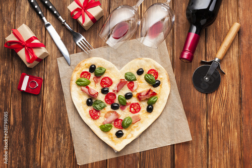 Top view romantic table setting with pizza