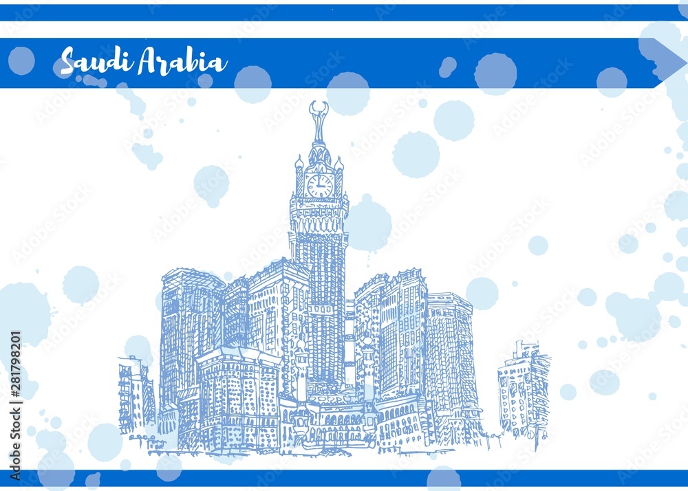 Fototapeta premium Blue Saudi Arabia sketch postcard high skyscraper