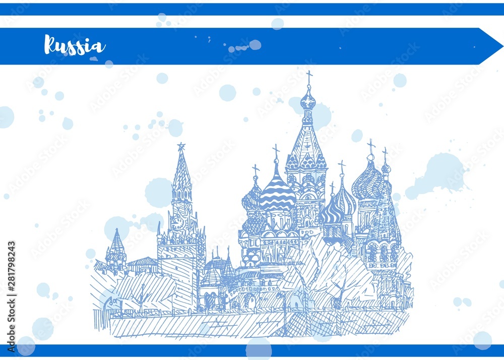 Blue and white sketch red square moscow temple