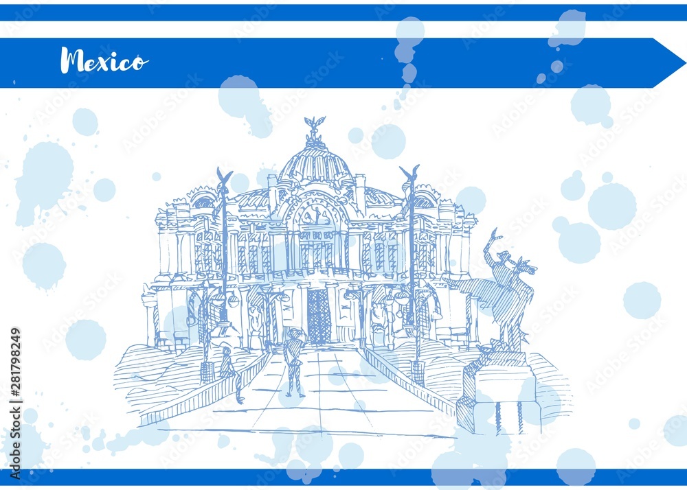 Blue Mexican Palace of Fine Arts sketch handmade