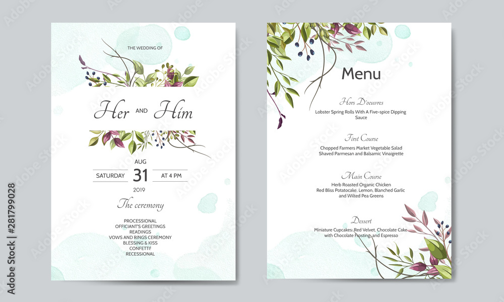 wedding invitation card with green leaves template