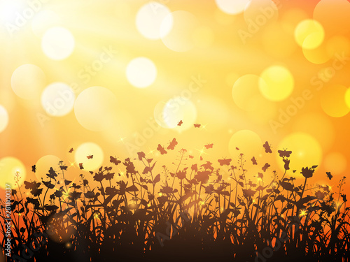 Nature background with wildflowers and butterflies on orange blurred background with bokeh. Vector illustration