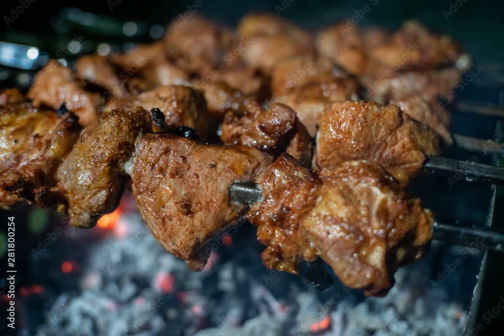 Close-up of grilled kebab on skewers on the grill at night