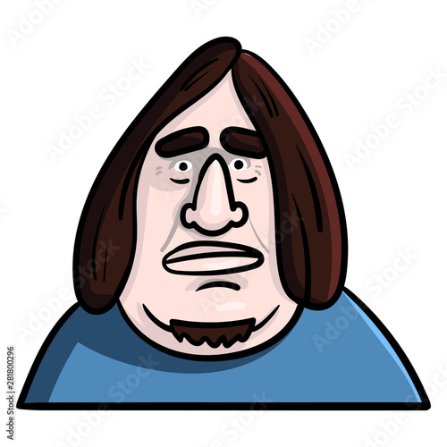 colored cartoon of a thick cliche nerd with brown long hair and unsettled look.  avatar, illustration, face, isolated.