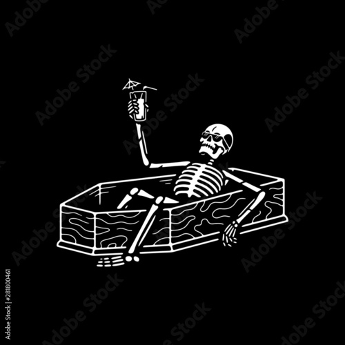 RESTING SKELETON WITH COCKTAIL IN A COFFIN WHITE BLACK BACKGROUND
