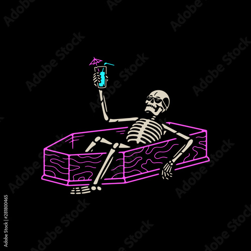 RESTING SKELETON WITH COCKTAIL IN A COFFIN COLOR BLACK BACKGROUND