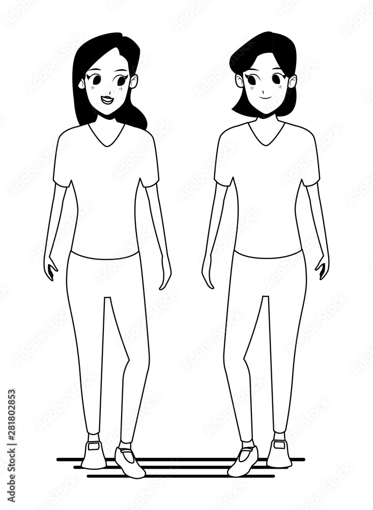 Young couple smiiling and walking cartoon in black and white Young couple smiiling and walking cartoon in black and white