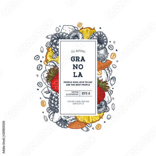 Granola packaging design template. Engraved style illustration. Various berries, fruits and nuts. Vector illustration