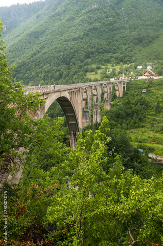 vertical view of Famous Durdevica Tara Bridge over the Tara River in northern Montenegro, Zabljak