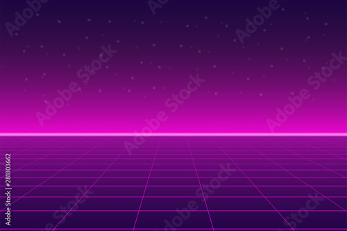 Bright retro pink purple background futuristic landscape 1980s style