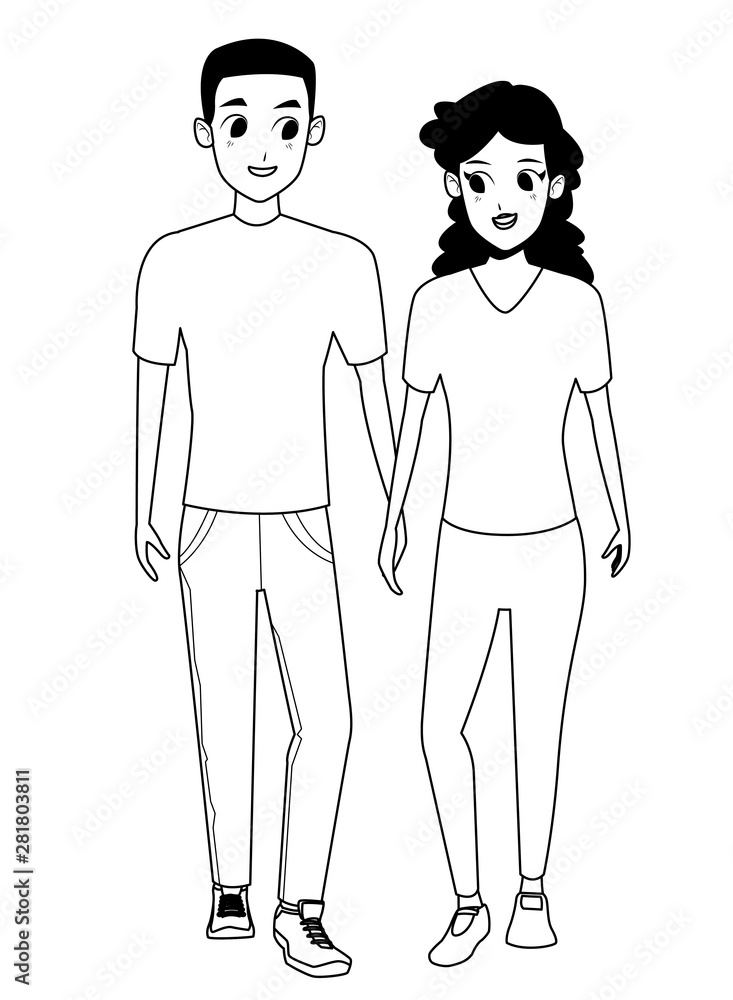 Young couple smiiling and walking cartoon in black and white Young couple smiiling and walking cartoon in black and white
