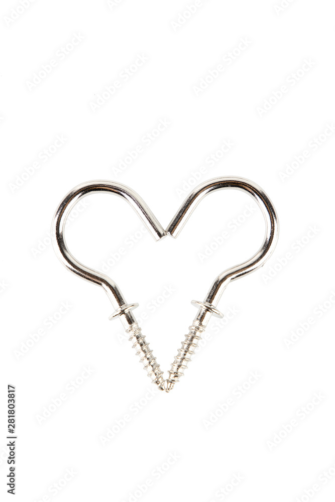 Metal rest cup Curtain Hooks or for hanging various accessories with one side are hooks. And the other side is a pointed screw. It splice a symbol resembling a heart isolated on white background. Metal rest cup Curtain Hooks or for hanging various accessories with one side are hooks. And the other side is a pointed screw. It splice a symbol resembling a heart isolated on white background.
