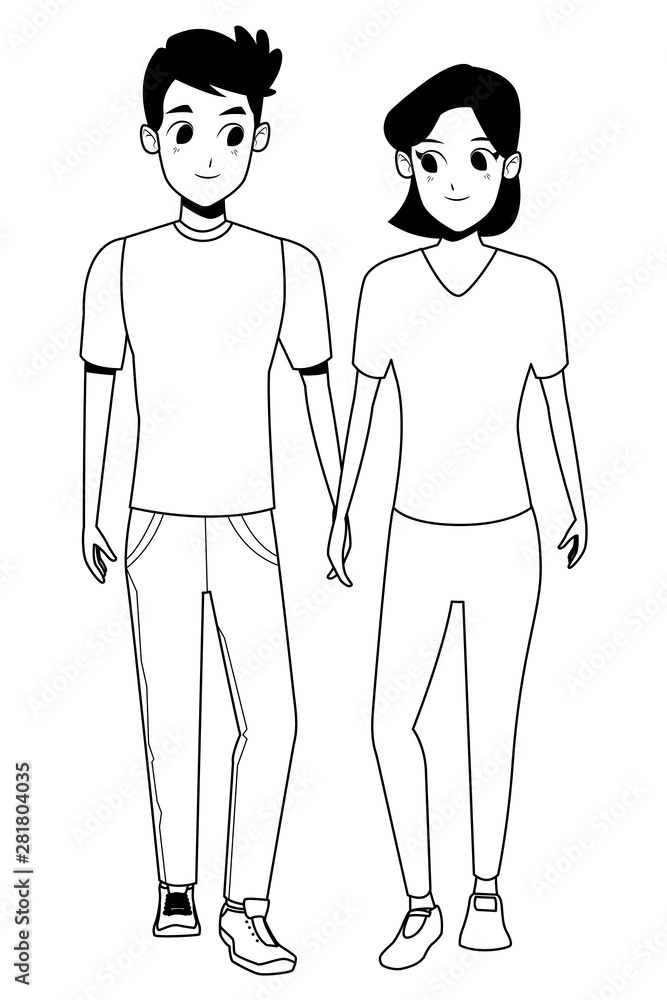Young couple smiiling and walking cartoon in black and white Young couple smiiling and walking cartoon in black and white