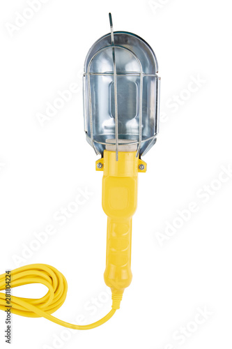 Generic Portable hand Maintenance Work lamp With Hook and metal protective. A plastic handle and electrical wire is yellow color. Use with E27 type bulb. Isolated on black background.