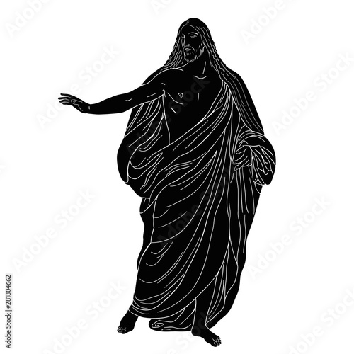 Jesus Christ in a shroud stands holding up his hand. Vector image isolated on white background.