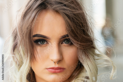 Quadro em tela Portrait of Beautiful Young Caucasian Girl with Barbell septum Nose Ring