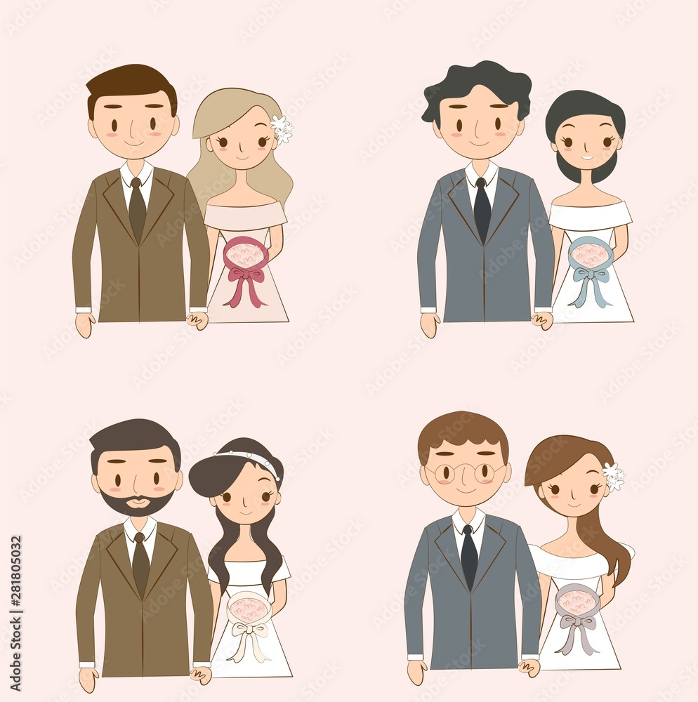 vector of cute wedding couple cartoon character collection