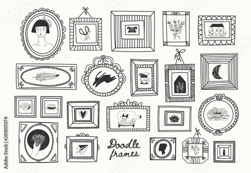 Set of various doodle frames with pictures. Different shapes. Minimalistic design. Outline drawing. Hand drawn vector illustration. Perfect for wallpapers and logos. Everything is isolated