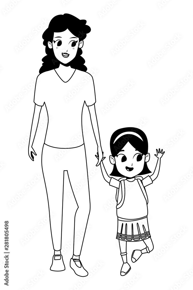 Family single parent with children cartoon in black and white Stock Vector  | Adobe Stock