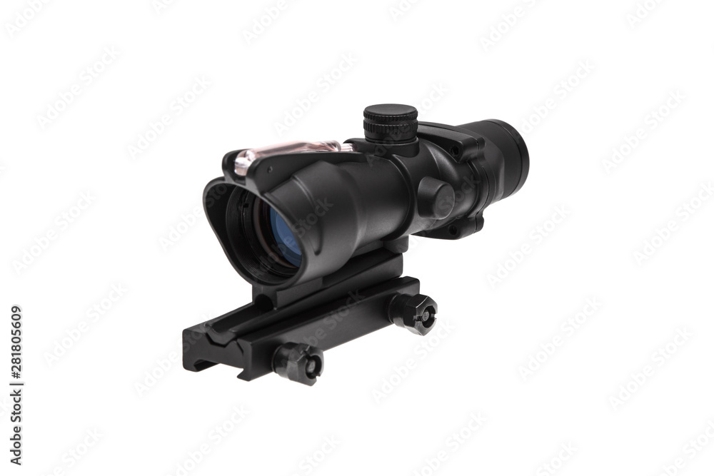 modern black optical scope for weapon isolated on whited. sight scope isolated on white back. modern black optical scope for weapon isolated on whited. sight scope isolated on white back.