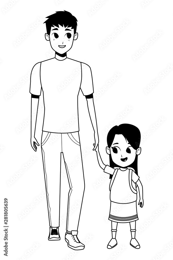 Family single parent with children cartoon in black and white