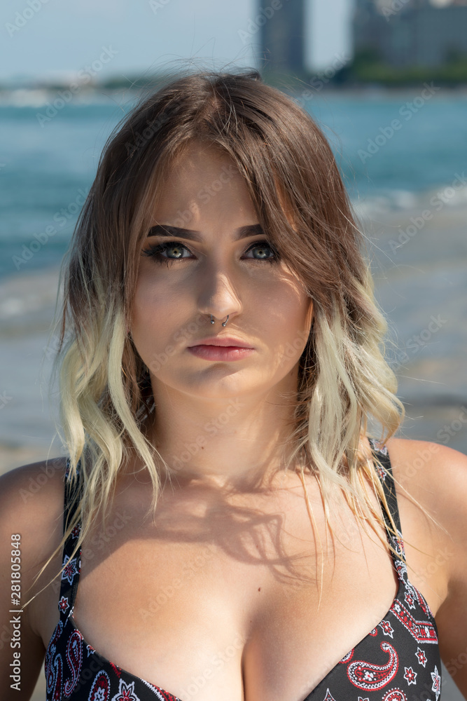 Portrait of Beautiful Young Caucasian Girl with Barbell septum Nose Ring. Horseshoe Nose Ring. Portrait of Beautiful Young Caucasian Girl with Barbell septum Nose Ring. Horseshoe Nose Ring.