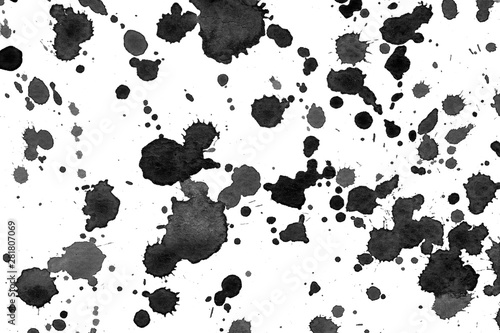 black ink water color splash on white drawing paper isolated