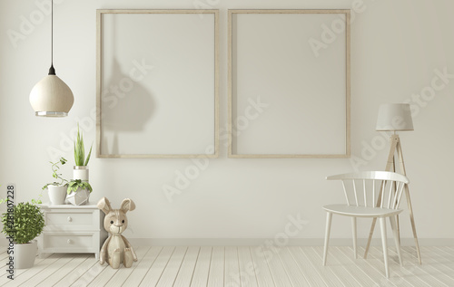 mock up poster frame and white chair on white living room.3D rendering © Interior Design