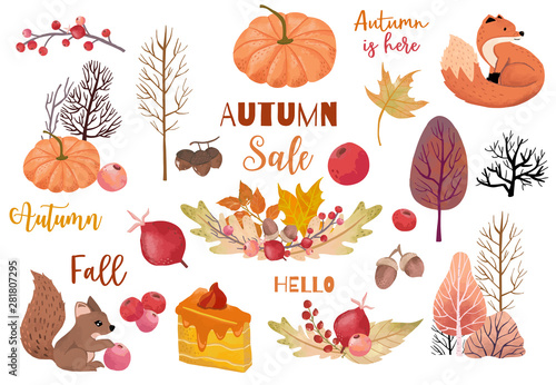 Autumn object collection with dry tree,squirrel,acorn,leaves.Illustration for sticker,postcard,invitation,element website.Included hello fall and autumn sale wording