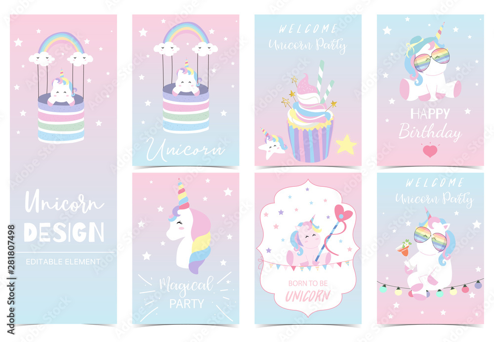 Collection of kid invitation set with unicorn,rainbow,cake,cloud,star,heart.Vector illustration for baby shower,birthday invitation,postcard and sticker.Editable element