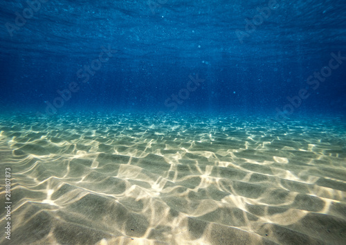 Underwater background with ocean water. At the bottom of the sea. photo