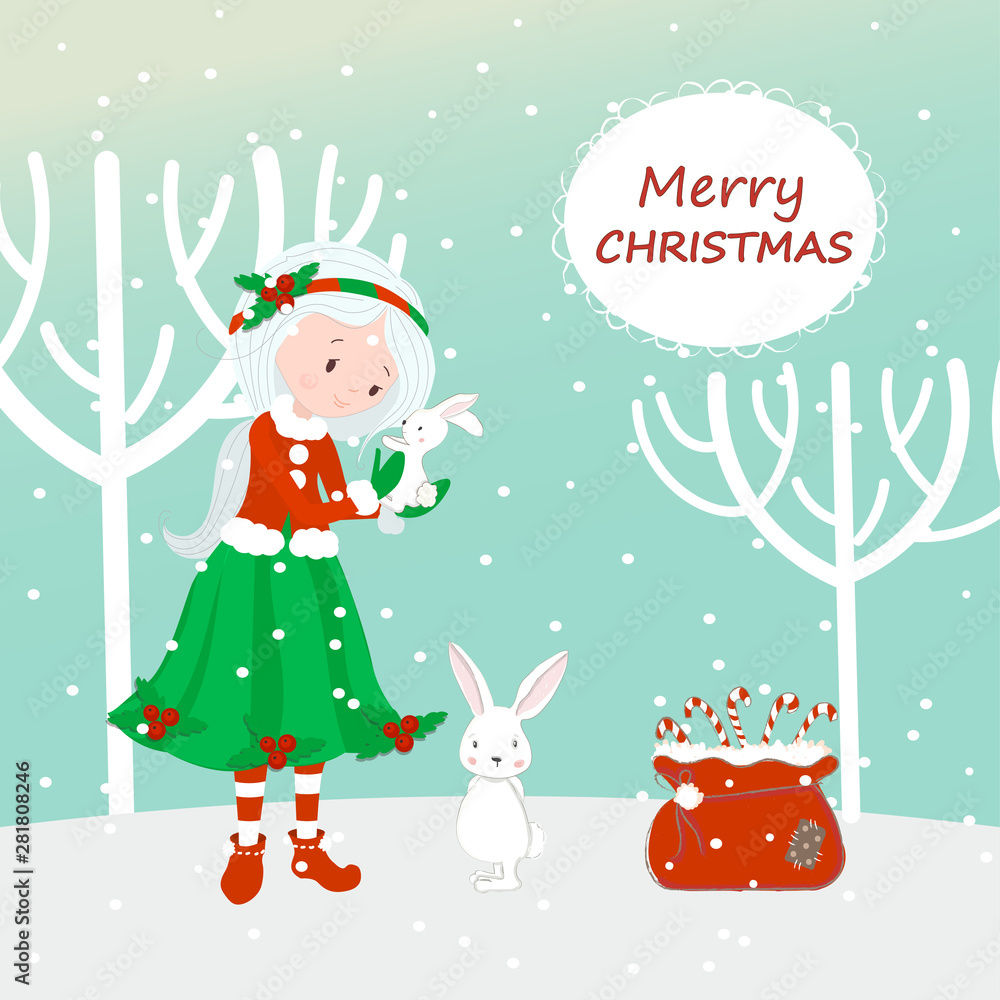 Cute hares in the woods. Merry Christmas. Postcard. Elf and sweets as a gift. Cute hares in the woods. Merry Christmas. Postcard. Elf and sweets as a gift.