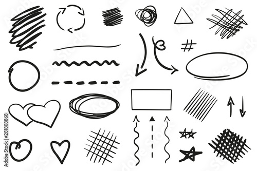 Infographic elements on isolated white background. Hand drawn simple arrows. Set of different signs. Abstract indicators. Black and white illustration