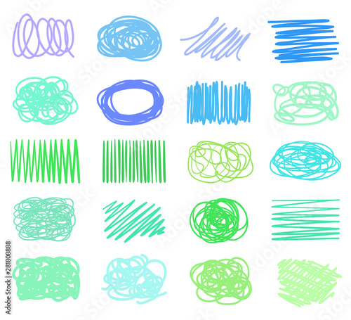 Multicolored hatching shapes with array of lines on white. Wavy samples. Hand drawn tangled patterns. Colorful illustration. Sketchy elements for design